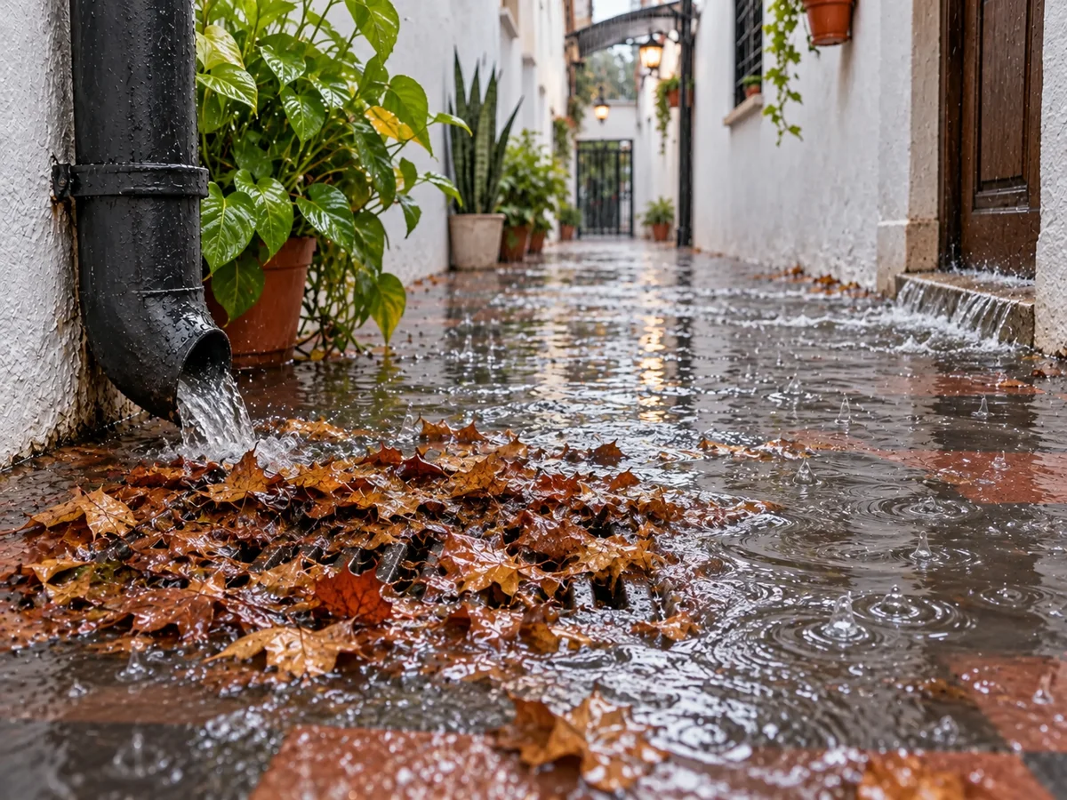 Agua de lluvia acumulada en un paso residencial junto a una rejilla cubierta de hojas.