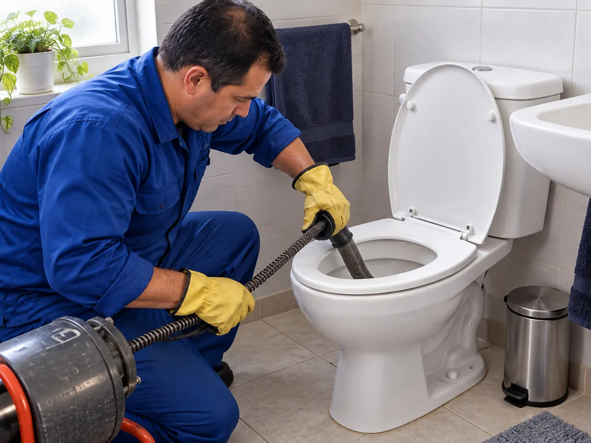 Baño con inodoro y acceso a sus desagües.